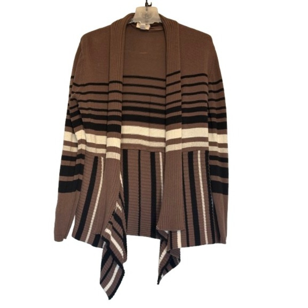 St Johns Bay Womens PXL Brown Striped Open Front Cotton Cardigan Sweater